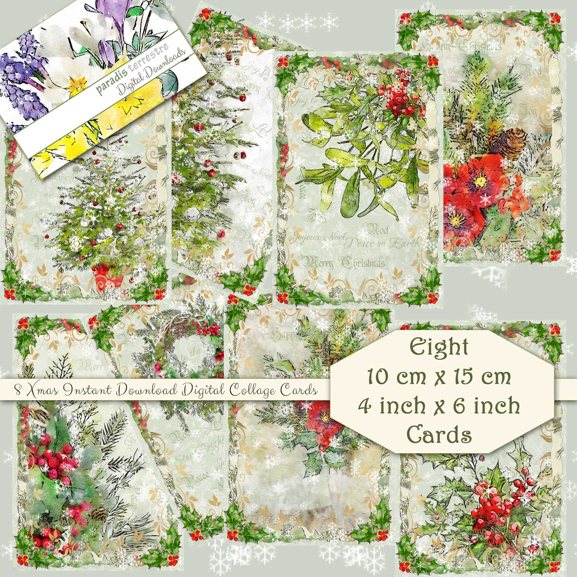 Traditional Christmas Card Toppers 8 Printable Cardmaking 10cmx15cm 4"x 6" Instant download Vintage Retro Xmas