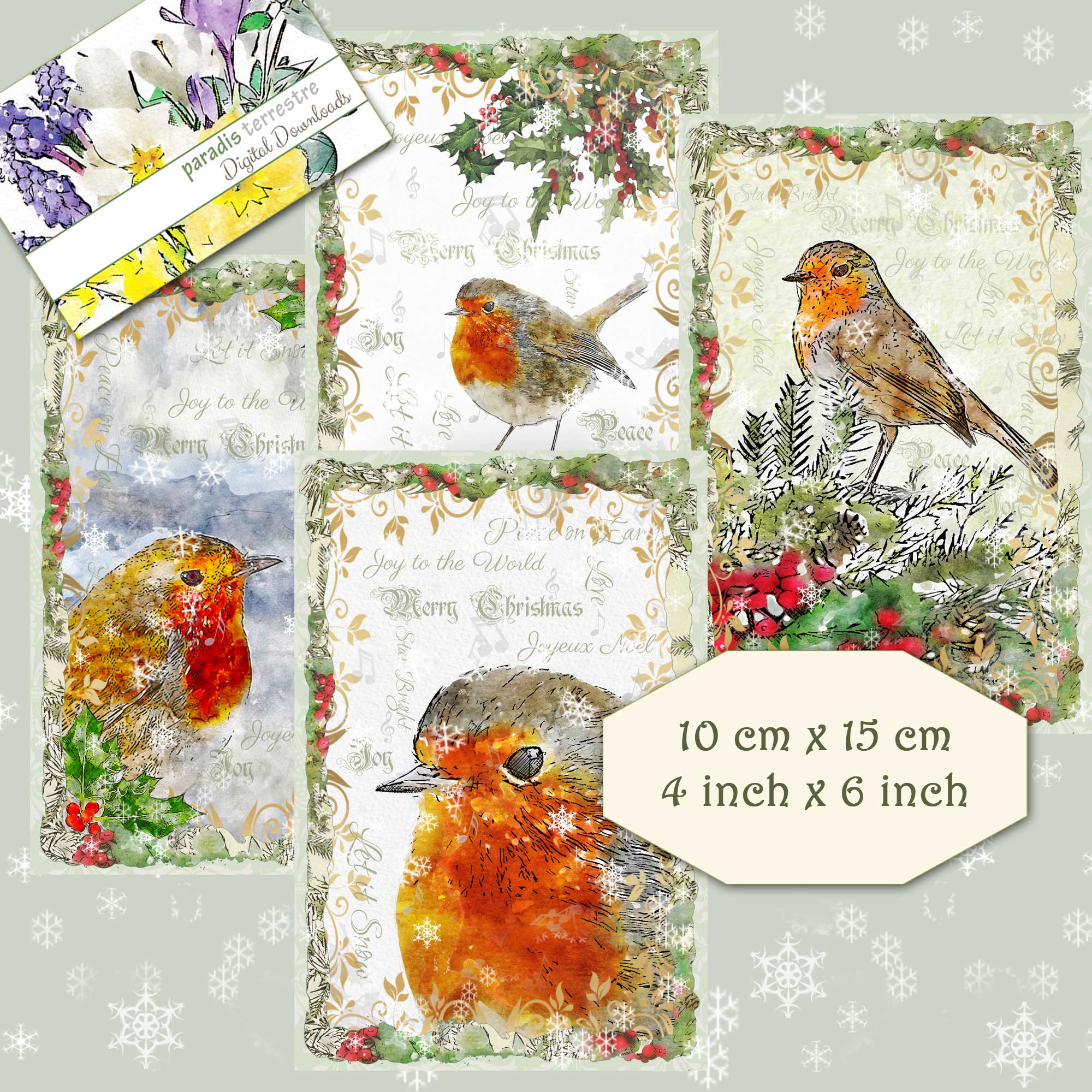 Instant Download Traditional Christmas Robins Card Toppers Printable Digital Clipart 10cmx15cm 4"x 6"