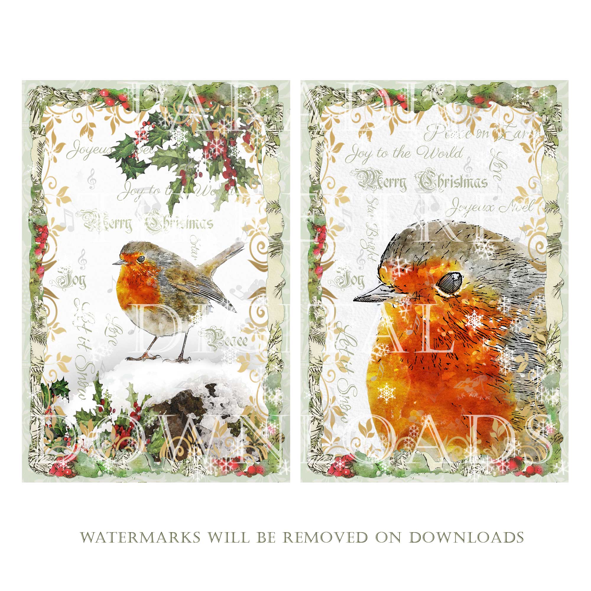 Instant Download Traditional Christmas Robins Card Toppers Printable Digital Clipart 10cmx15cm 4"x 6" - Image 3