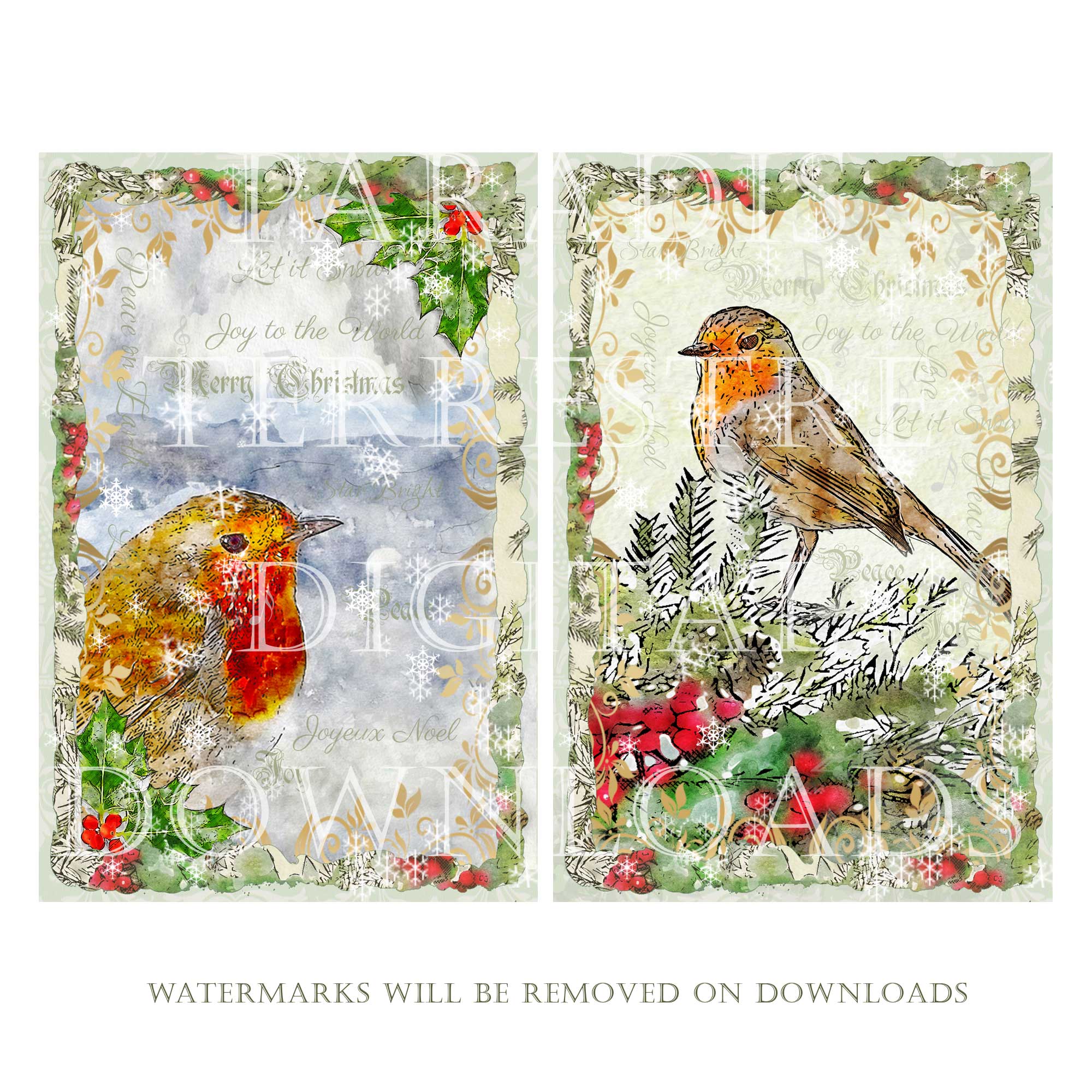 Instant Download Traditional Christmas Robins Card Toppers Printable Digital Clipart 10cmx15cm 4"x 6" - Image 4