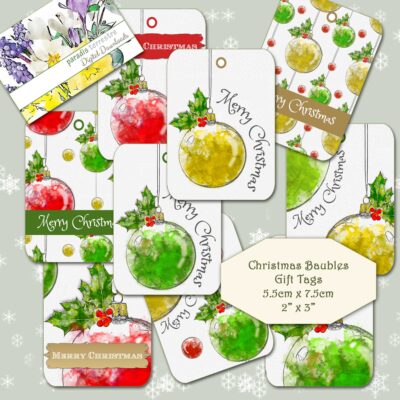 Christmas Gift Tags Printable Baubles Merry Christmas Tags Instant Download Digital Collage Sheet 9 Watercolour Designs Red Gold and Green