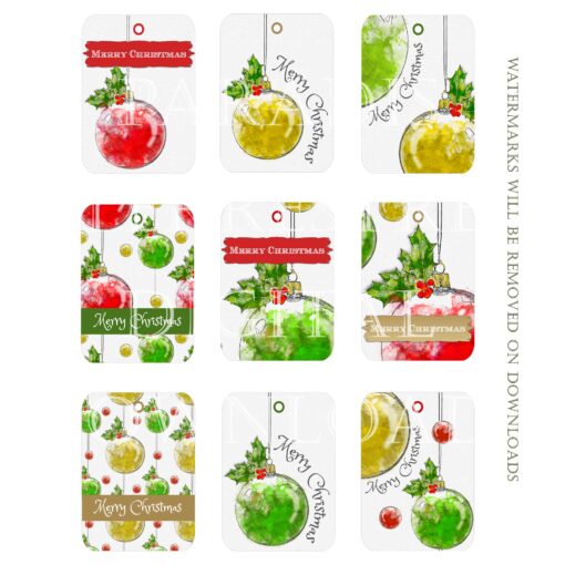 Christmas Gift Tags Printable Baubles Merry Christmas Tags Instant Download Digital Collage Sheet 9 Watercolour Designs Red Gold and Green - Image 2