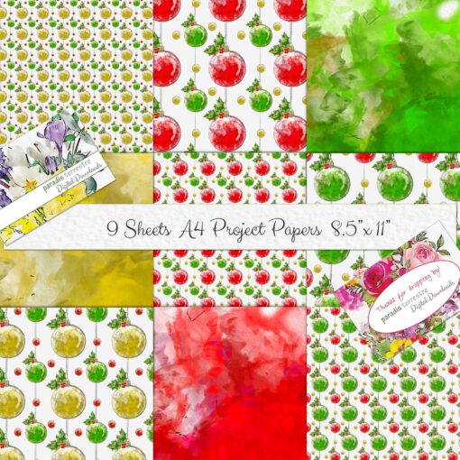 Christmas Paper Background Printable Collage 9 Sheets A4 8.5" x 11" Instant Download Digital Watercolour Designs Red Gold and Green Baubles