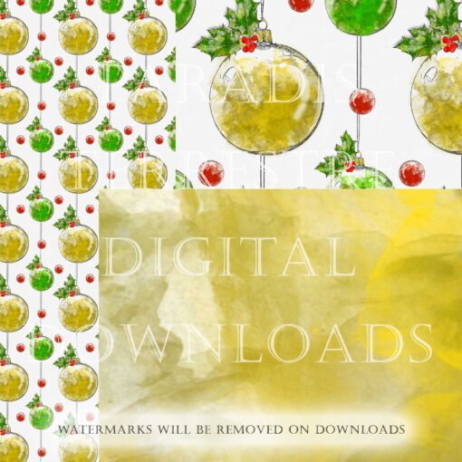 Christmas Paper Background Printable Collage 9 Sheets A4 8.5" x 11" Instant Download Digital Watercolour Designs Red Gold and Green Baubles - Image 3