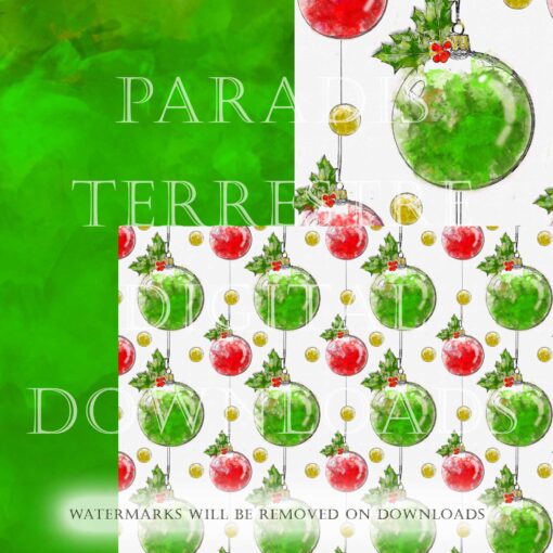 Christmas Paper Background Printable Collage 9 Sheets A4 8.5" x 11" Instant Download Digital Watercolour Designs Red Gold and Green Baubles - Image 4