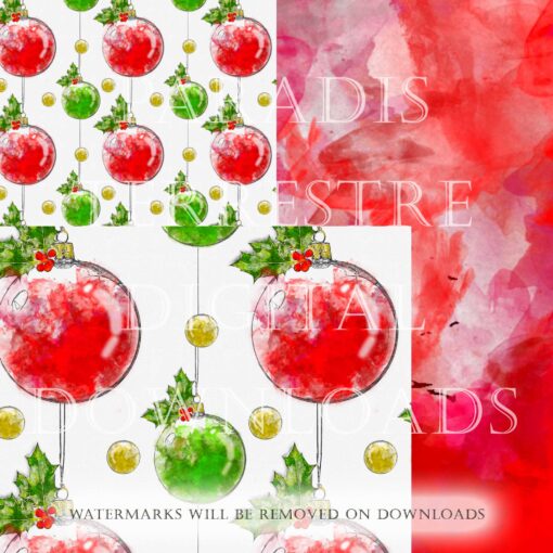 Christmas Paper Background Printable Collage 9 Sheets A4 8.5" x 11" Instant Download Digital Watercolour Designs Red Gold and Green Baubles - Image 2