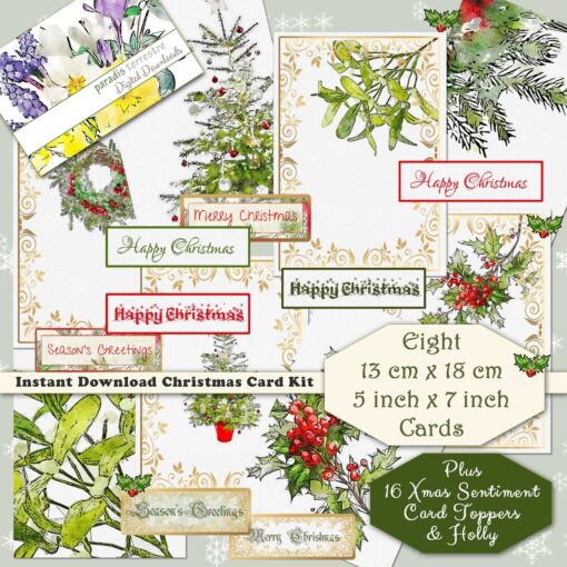 Traditional Christmas Cards Printable 7" x 5" 8 Card Making Kit Instant download Vintage Retro Xmas Sentiments Print Cut Cricut Holly Leaves