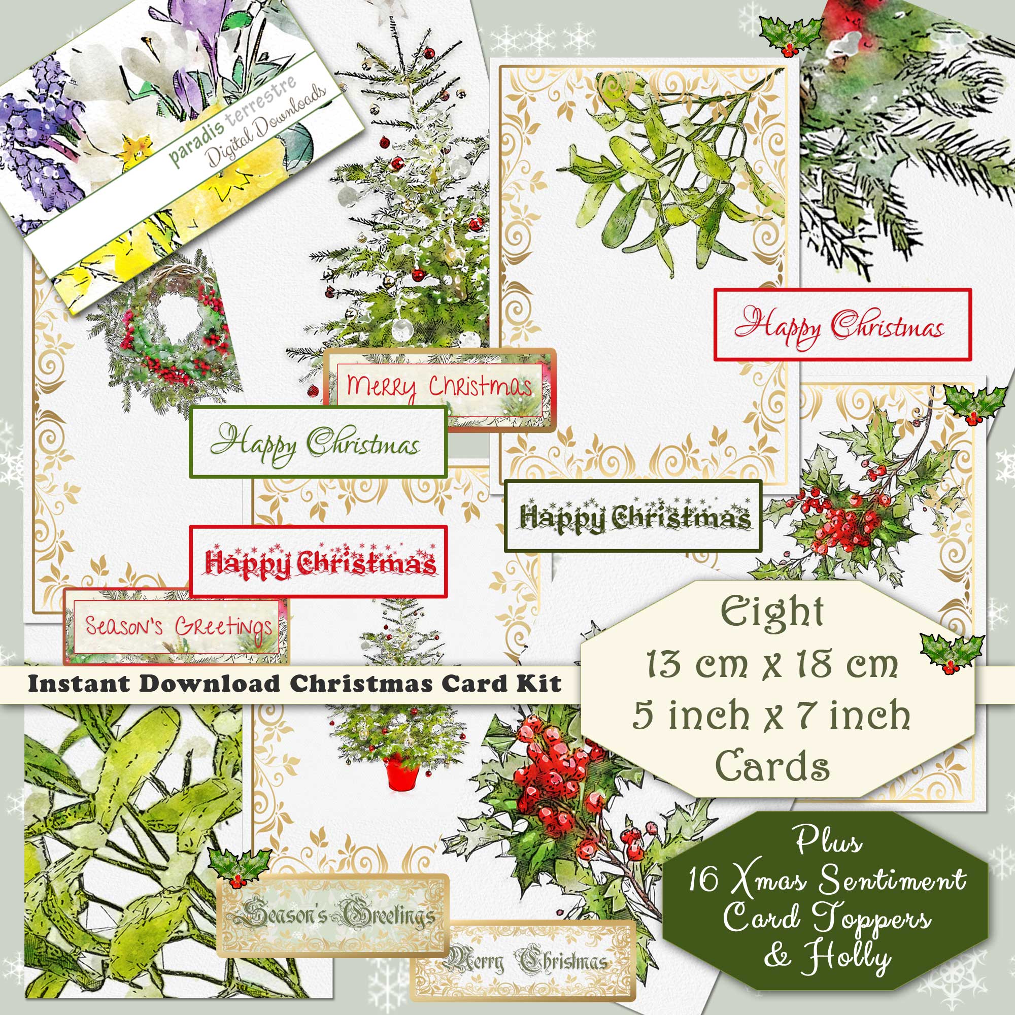 Traditional Christmas Cards Printable 7" x 5" 8 Card Making Kit Instant download Vintage Retro Xmas Sentiments Print Cut Cricut Holly Leaves