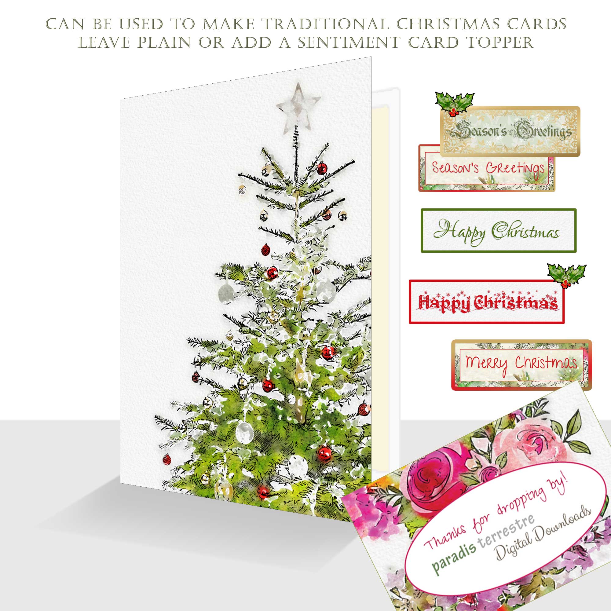 Traditional Christmas Cards Printable 7" x 5"  8 Card Making Kit Instant download Vintage Retro Xmas Sentiments Print Cut Cricut Holly Leaves - Image 2
