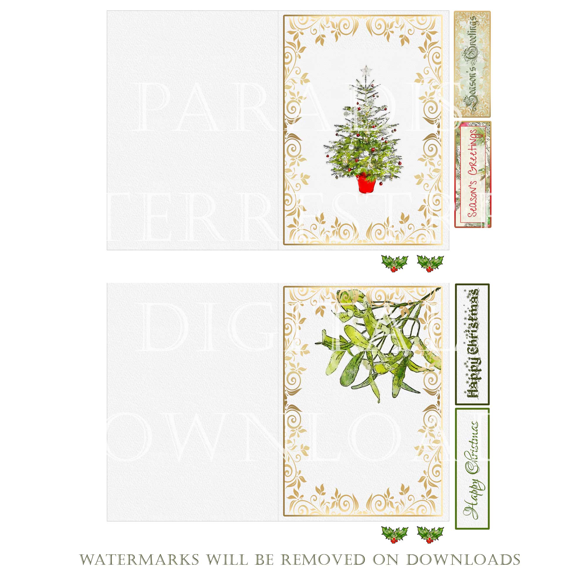 Traditional Christmas Cards Printable 7" x 5"  8 Card Making Kit Instant download Vintage Retro Xmas Sentiments Print Cut Cricut Holly Leaves - Image 3