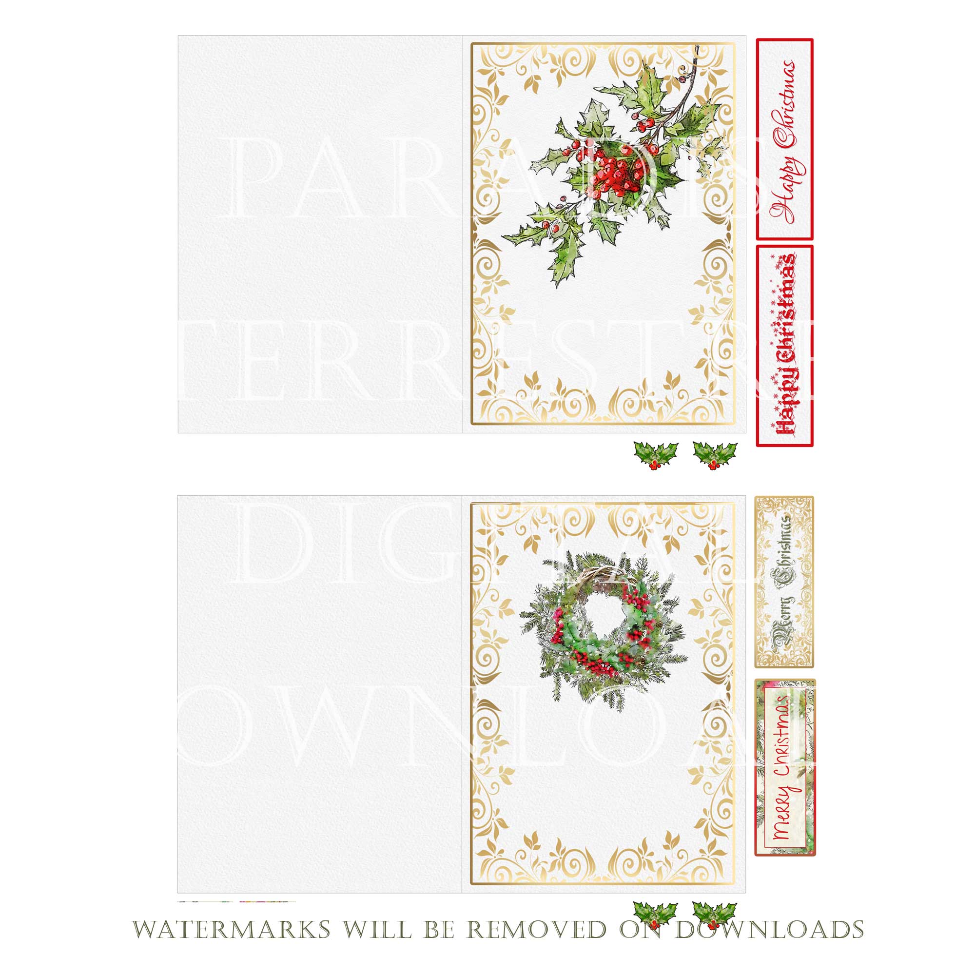 Traditional Christmas Cards Printable 7" x 5"  8 Card Making Kit Instant download Vintage Retro Xmas Sentiments Print Cut Cricut Holly Leaves - Image 4