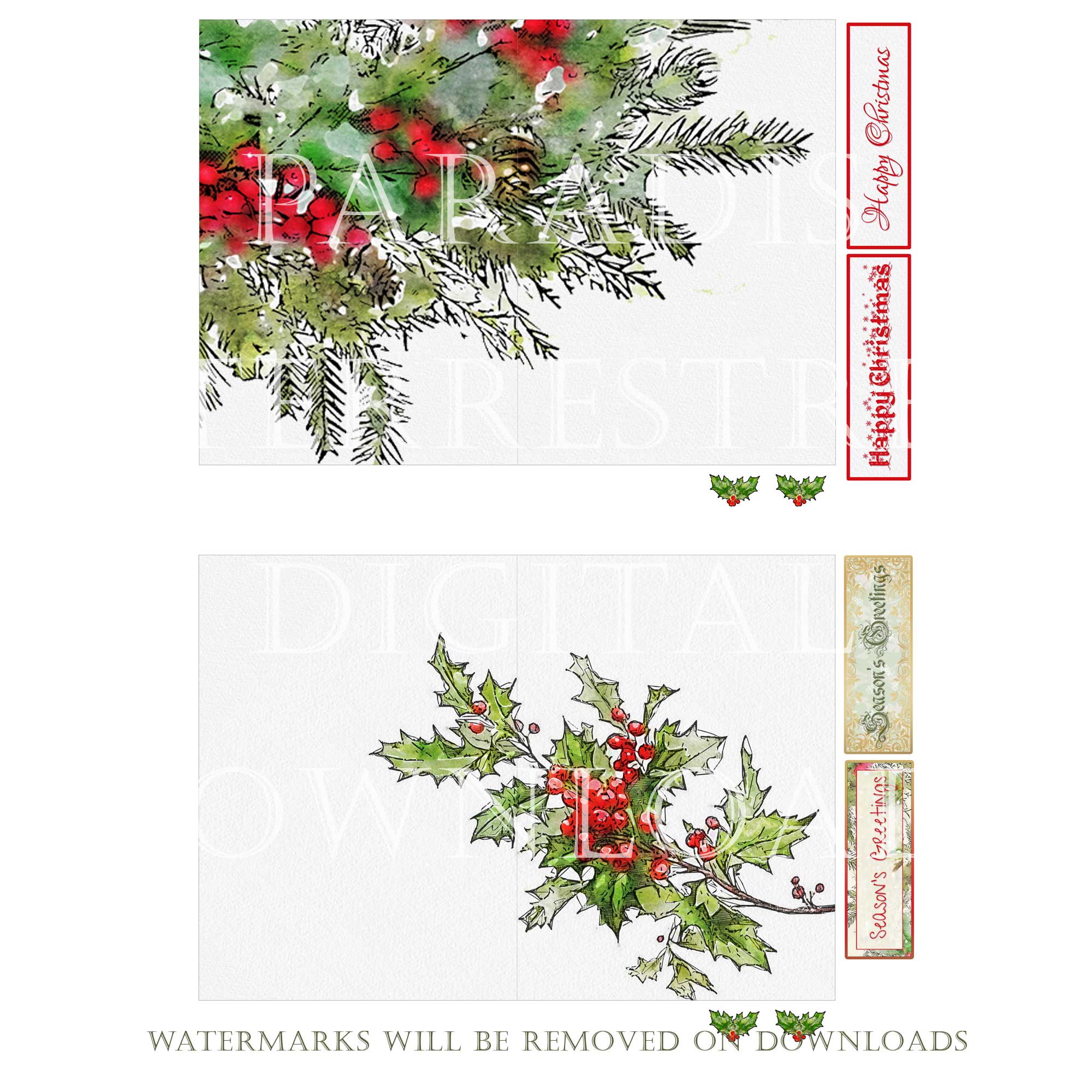 Traditional Christmas Cards Printable 7" x 5"  8 Card Making Kit Instant download Vintage Retro Xmas Sentiments Print Cut Cricut Holly Leaves - Image 5