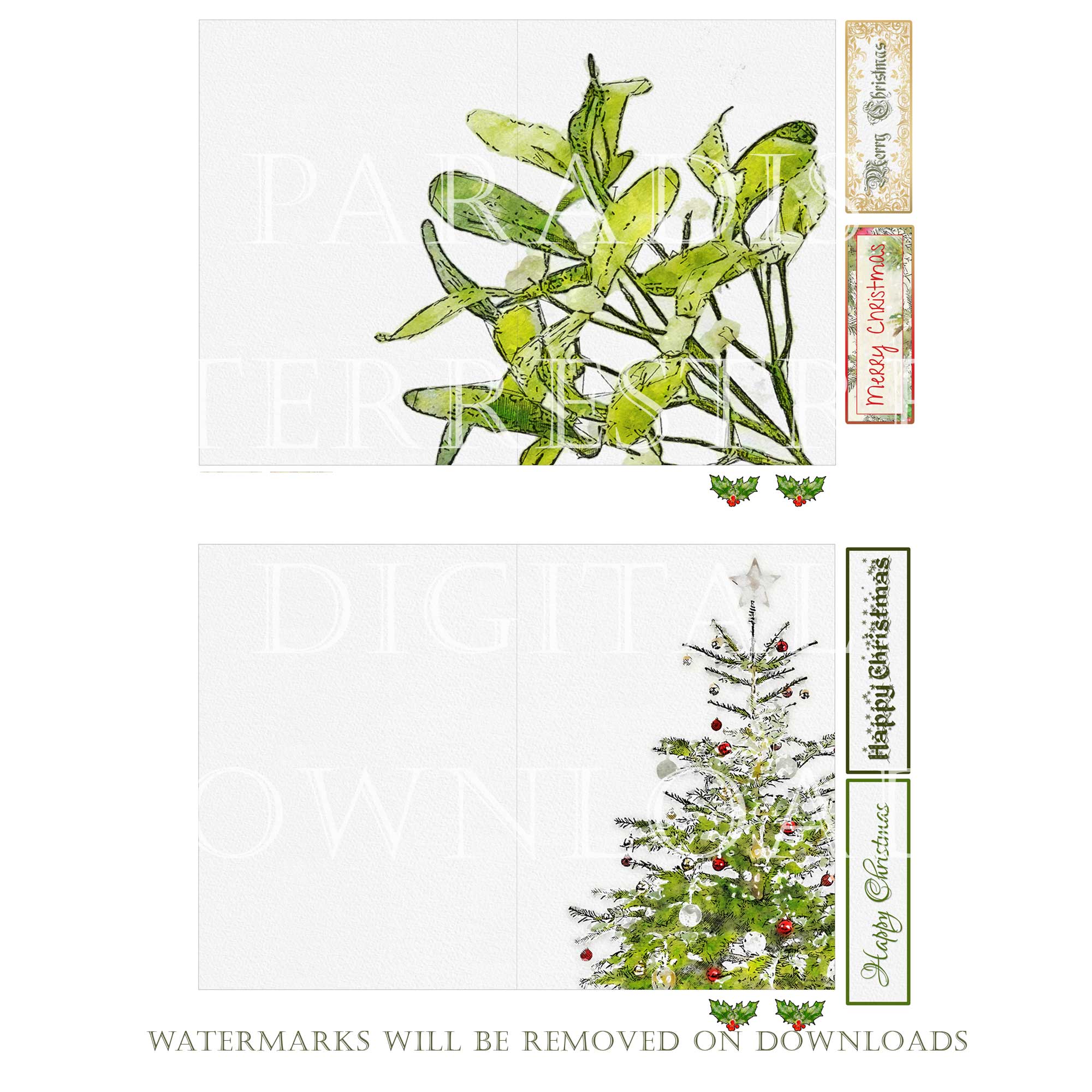 Traditional Christmas Cards Printable 7" x 5"  8 Card Making Kit Instant download Vintage Retro Xmas Sentiments Print Cut Cricut Holly Leaves - Image 6
