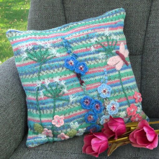 Luxury Hand Knitted and Embroidered Floral Cushion - Dragonfly Accent Cushion