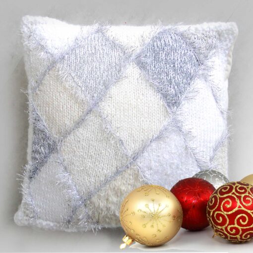 Christmas Diamond Accent Cushion 15"Square-Luxury Hand Knitted Sparkly Cushion with Cream Velvet Back