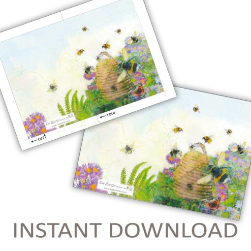 Printable Bees Greeting Card Instant Download 5 x 7 Card Beehive in Flowers
