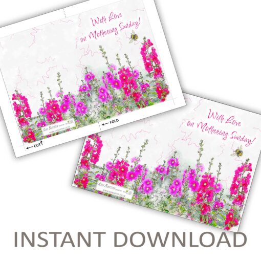 Printable Mothering Sunday Card Instant Download 5 x 7 Card Pink Hollyhocks