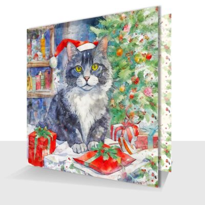 Sweet Christmas Cat Card - With Traditional Foliage - Blank Inside