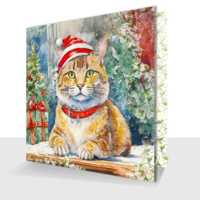 Ginger Christmas Cat Card - With Traditional Foliage - Blank Inside