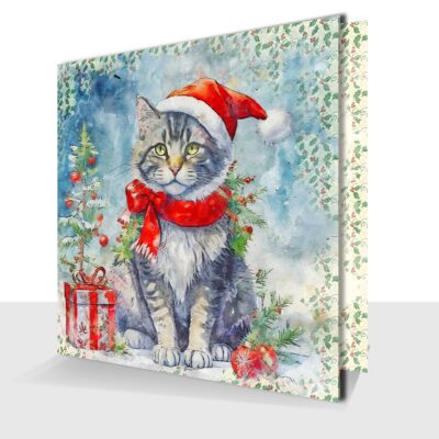 Cute Christmas Cat Card - With Traditional Foliage - Blank Inside