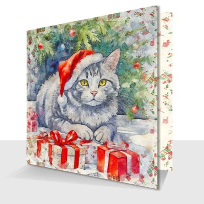 Adorable Christmas Cat Card - With Traditional Foliage - Blank Inside