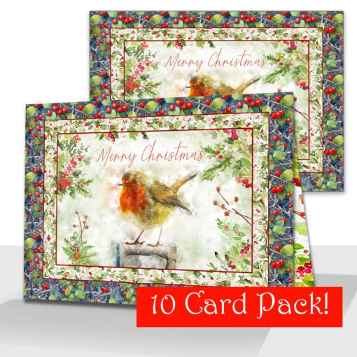 10 Pack Christmas Robin Cards- Merry Christmas! - Kay Burton Artist