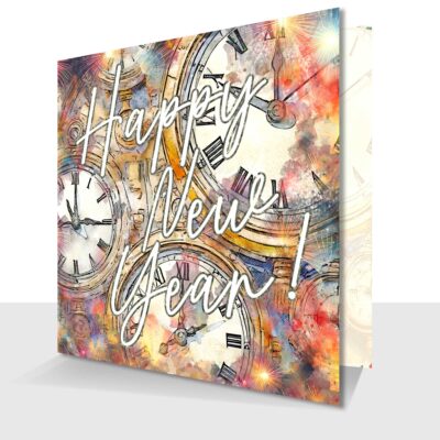 Happy New Year Card - Clocks and Fireworks - Blank Inside