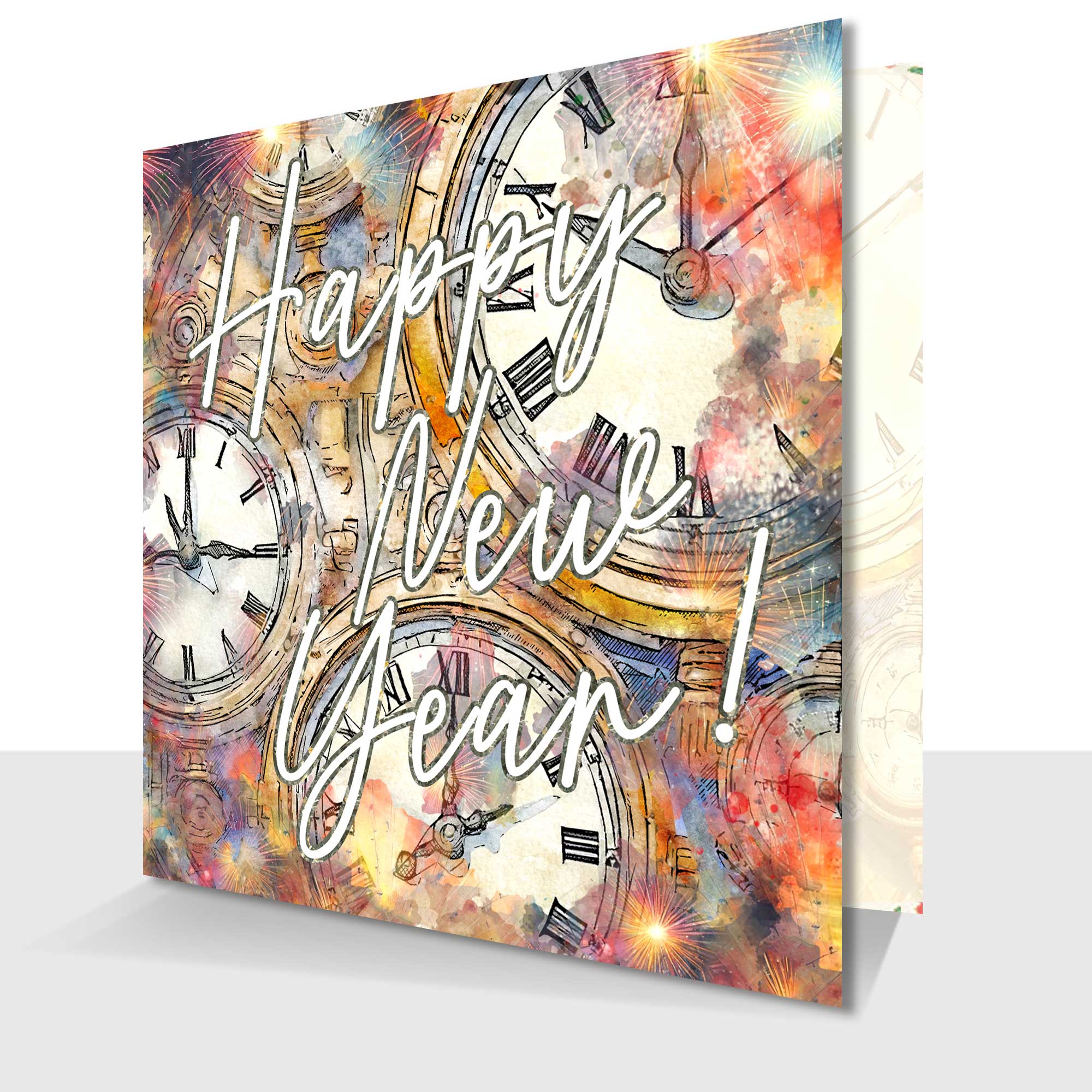 Happy New Year Card Clocks and Fireworks Blank Inside Kay Burton