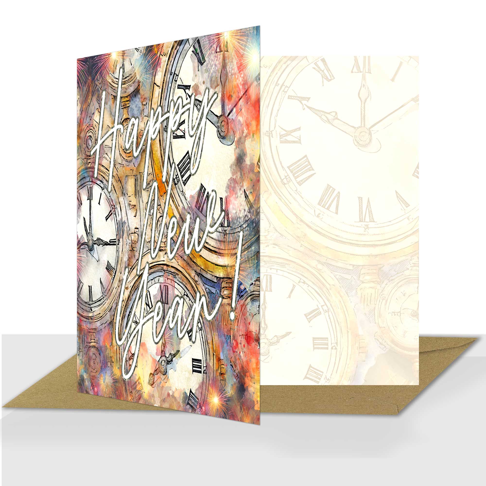 Happy New Year Card Clocks and Fireworks Blank Inside Kay Burton