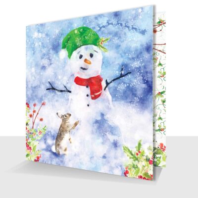 Cute Snowman Christmas Card - With Winter Rabbit and Robin