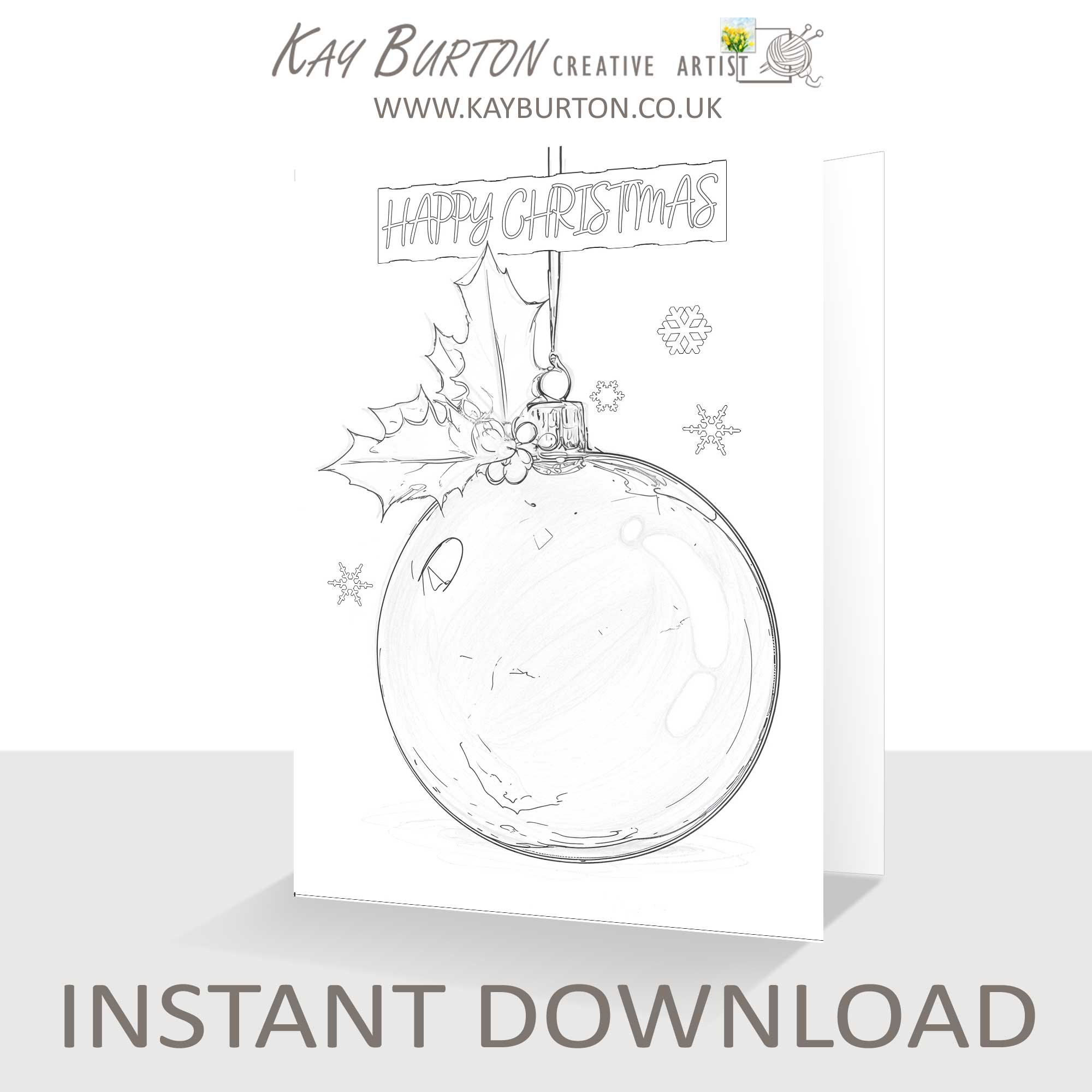 Printable Christmas Bauble Colouring In Card Downloadable 5 x 7 Happy Christmas