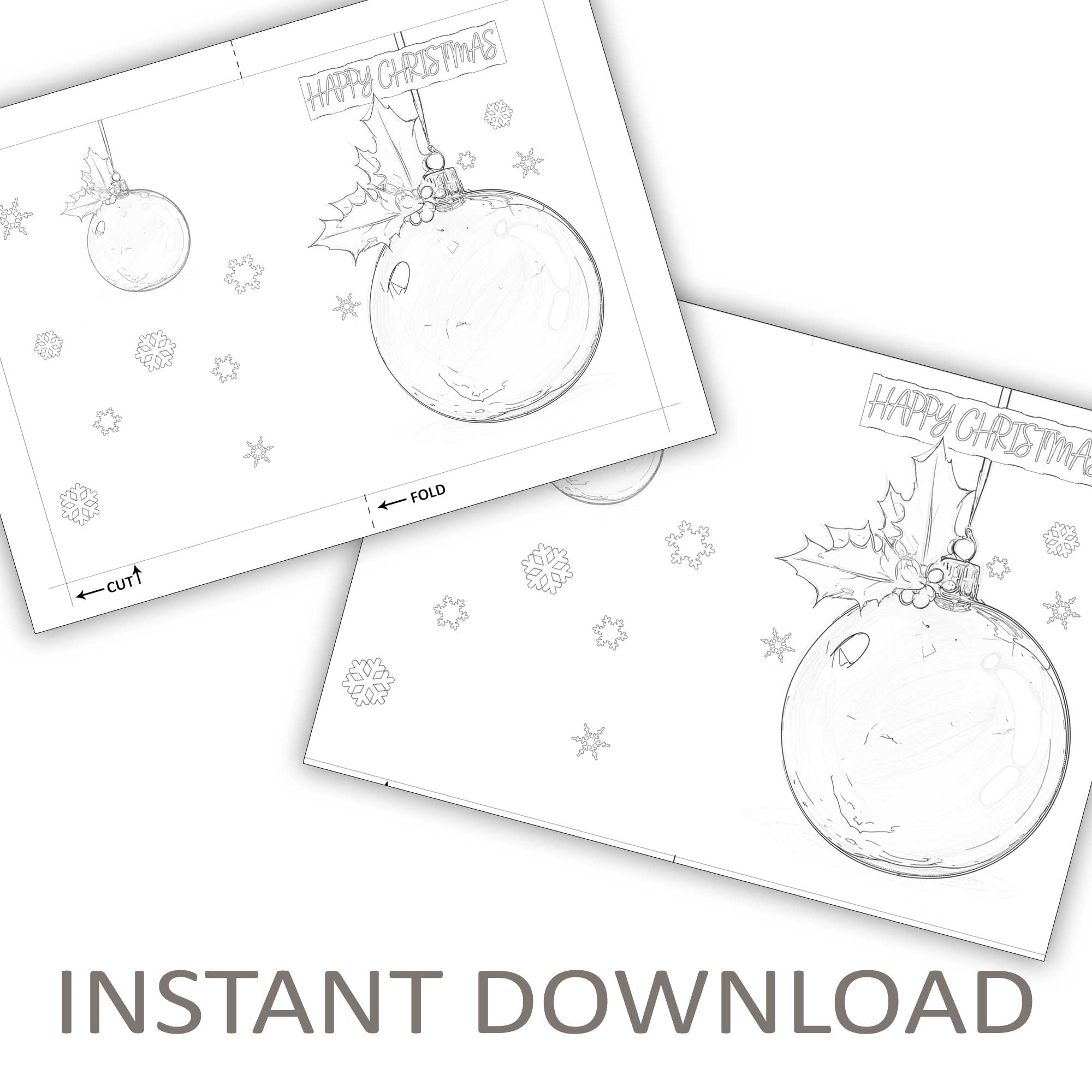 Printable Christmas Bauble Colouring In Card Downloadable 5 x 7 Happy Christmas
