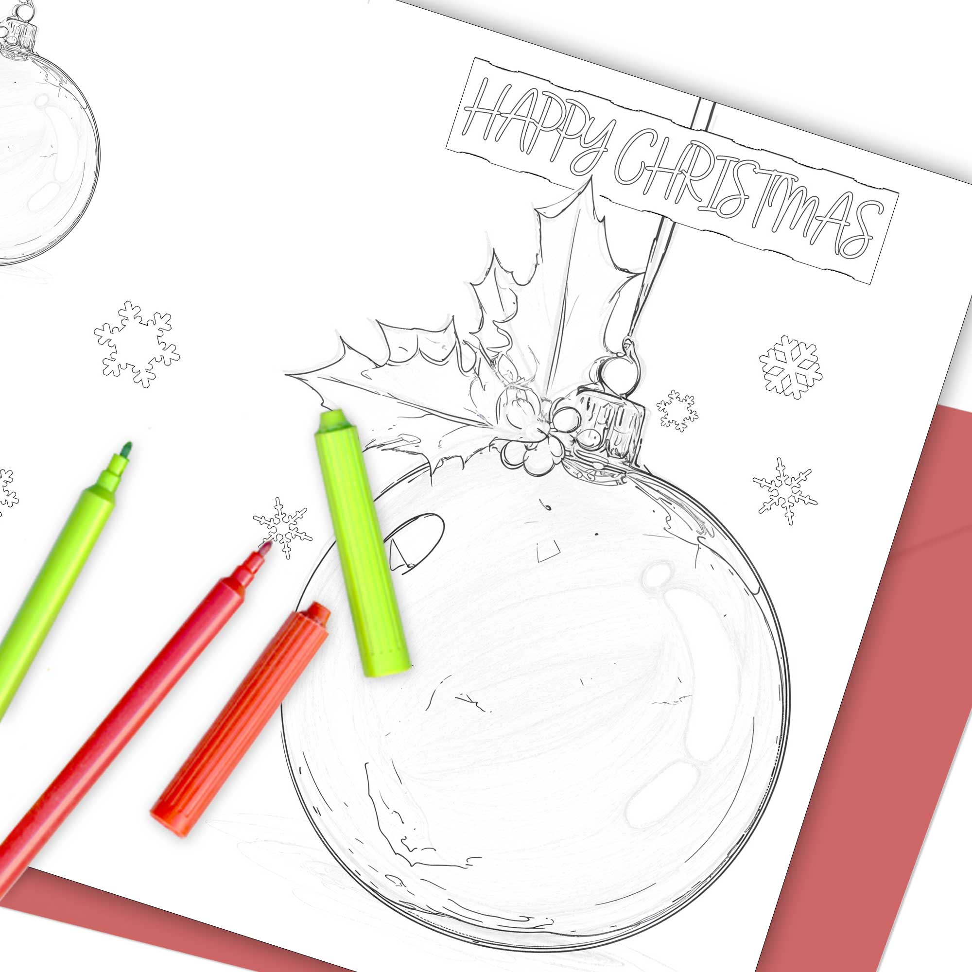 Printable Christmas Bauble Colouring In Card Downloadable 5 x 7 Happy Christmas