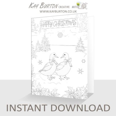 Printable Christmas Geese Colouring In Card Downloadable 5 x 7 Happy Christmas
