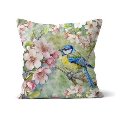 Blue Tit Luxury Cushion Faux Suede With Pink Blossom 16" 41cm Square