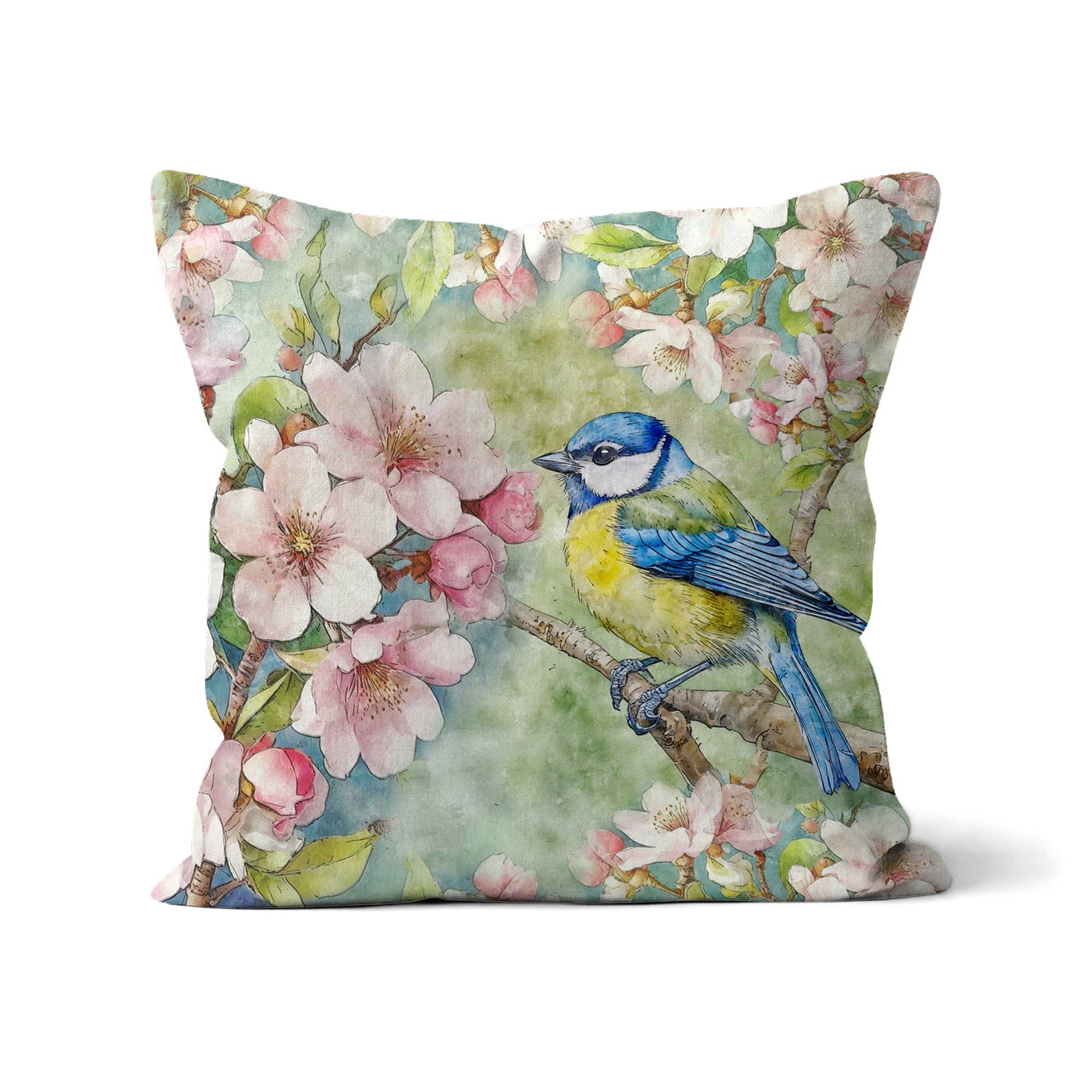 Blue Tit Luxury Cushion Faux Suede With Pink Blossom 16" 41cm Square