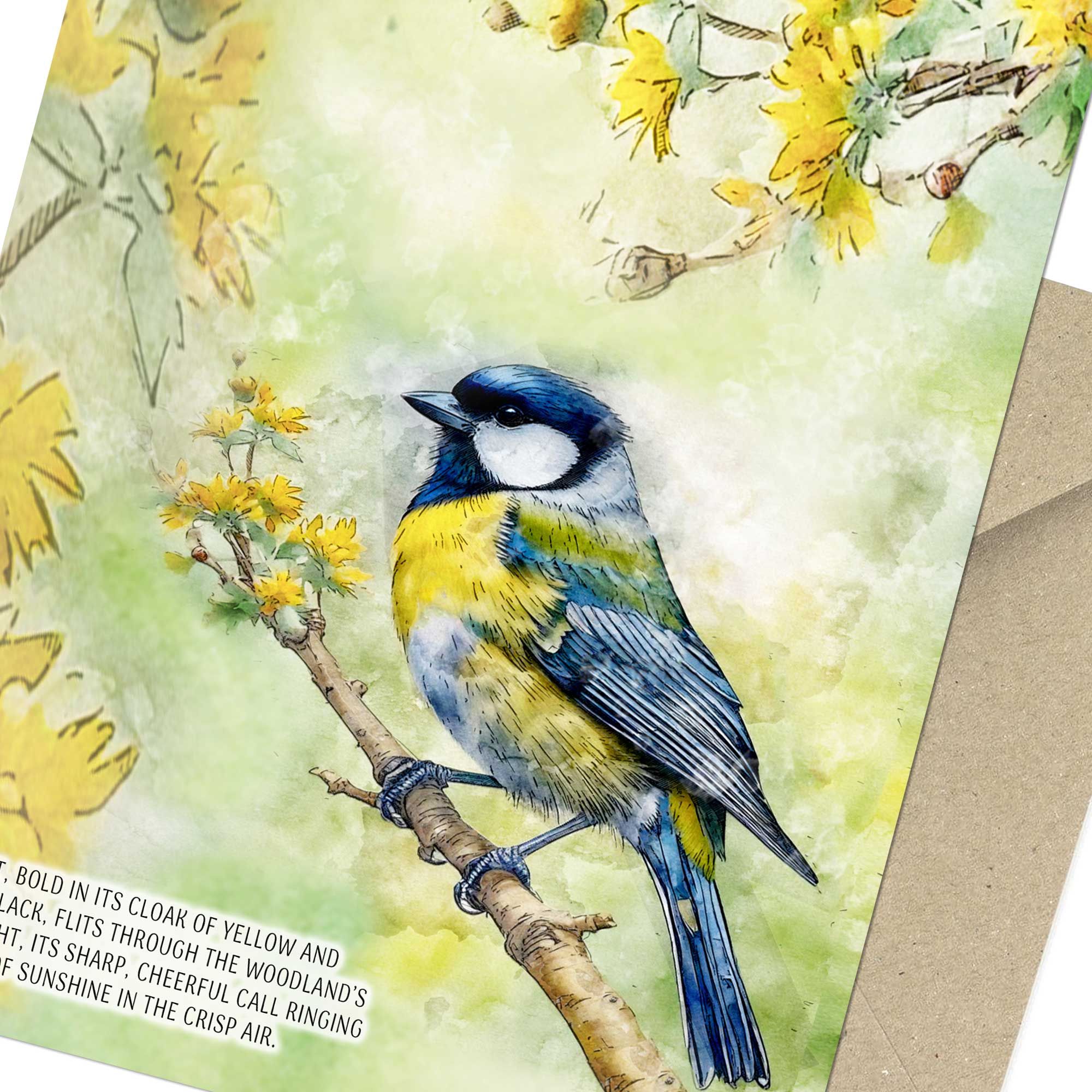 Great Tit Greeting Card Watercolour - Birthday or Blank Inside Option