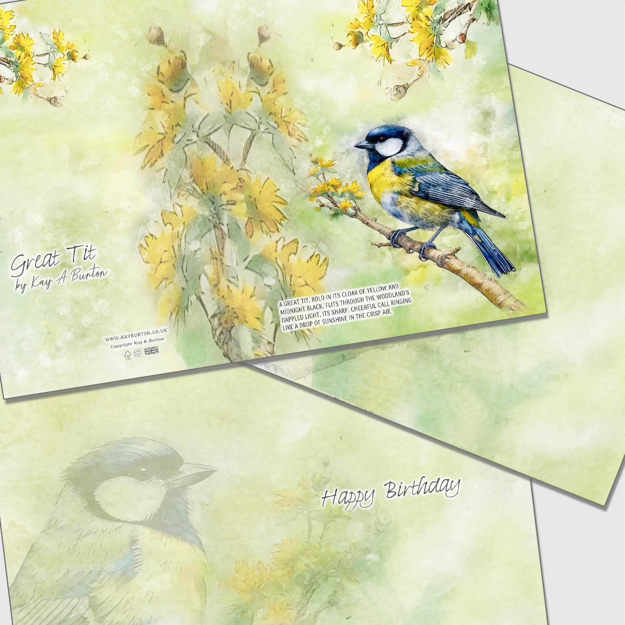 Great Tit Greeting Card Watercolour - Birthday or Blank Inside Option