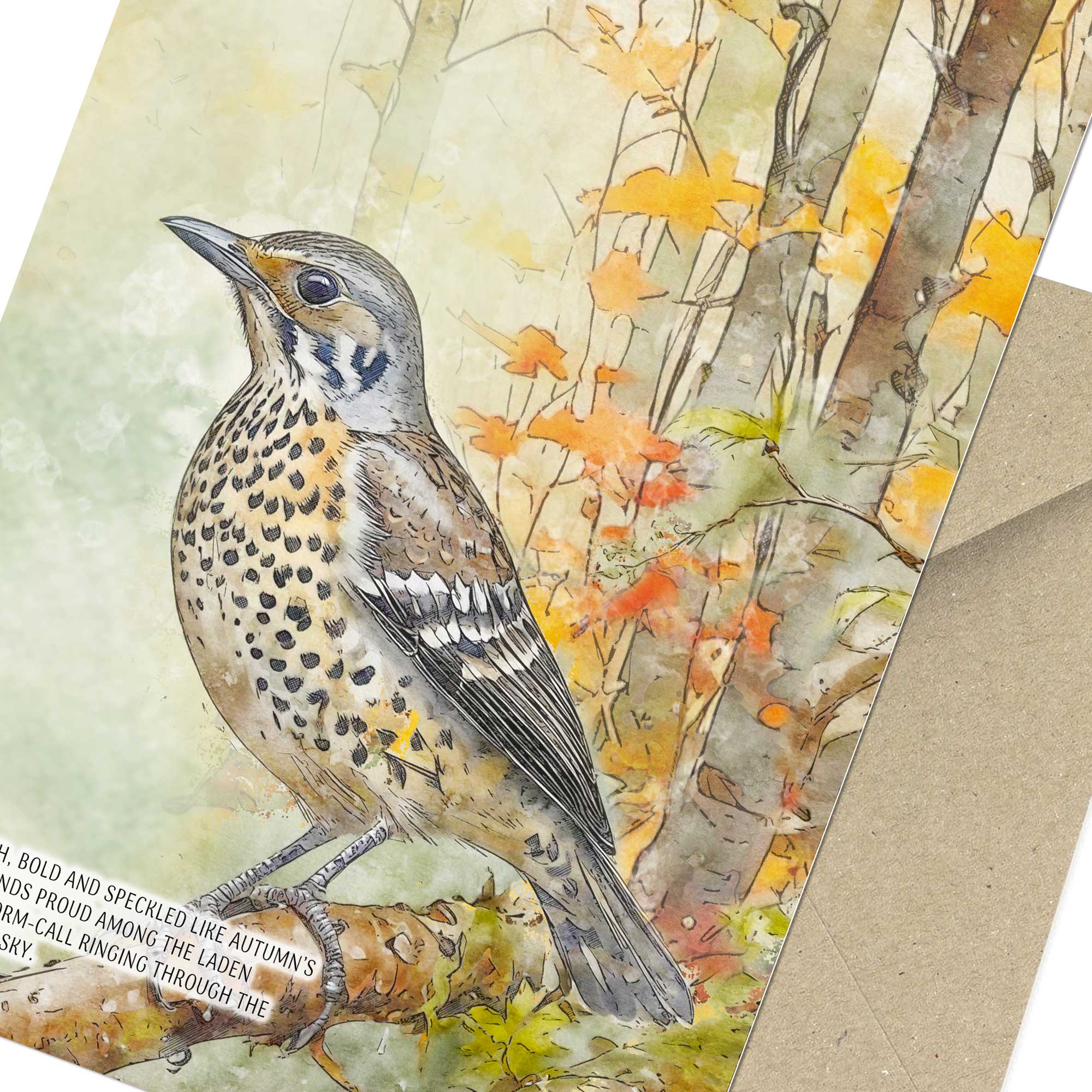 Mistle Thrush All Occasion Card Watercolour - Birthday or Blank Inside Option