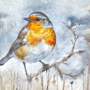 ” A robin, a flicker of ember against winter’s hush, perches light upon a frost-kissed bough, its song a golden thread weaving dawn into the stillness.”.