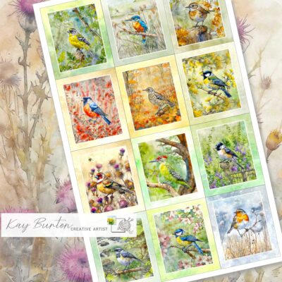 Mini Art Fabric Prints : Set of 12 Panel: British Birds