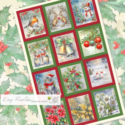 Christmas Fabric 12 Mini Prints Set : Traditional Festive Panel