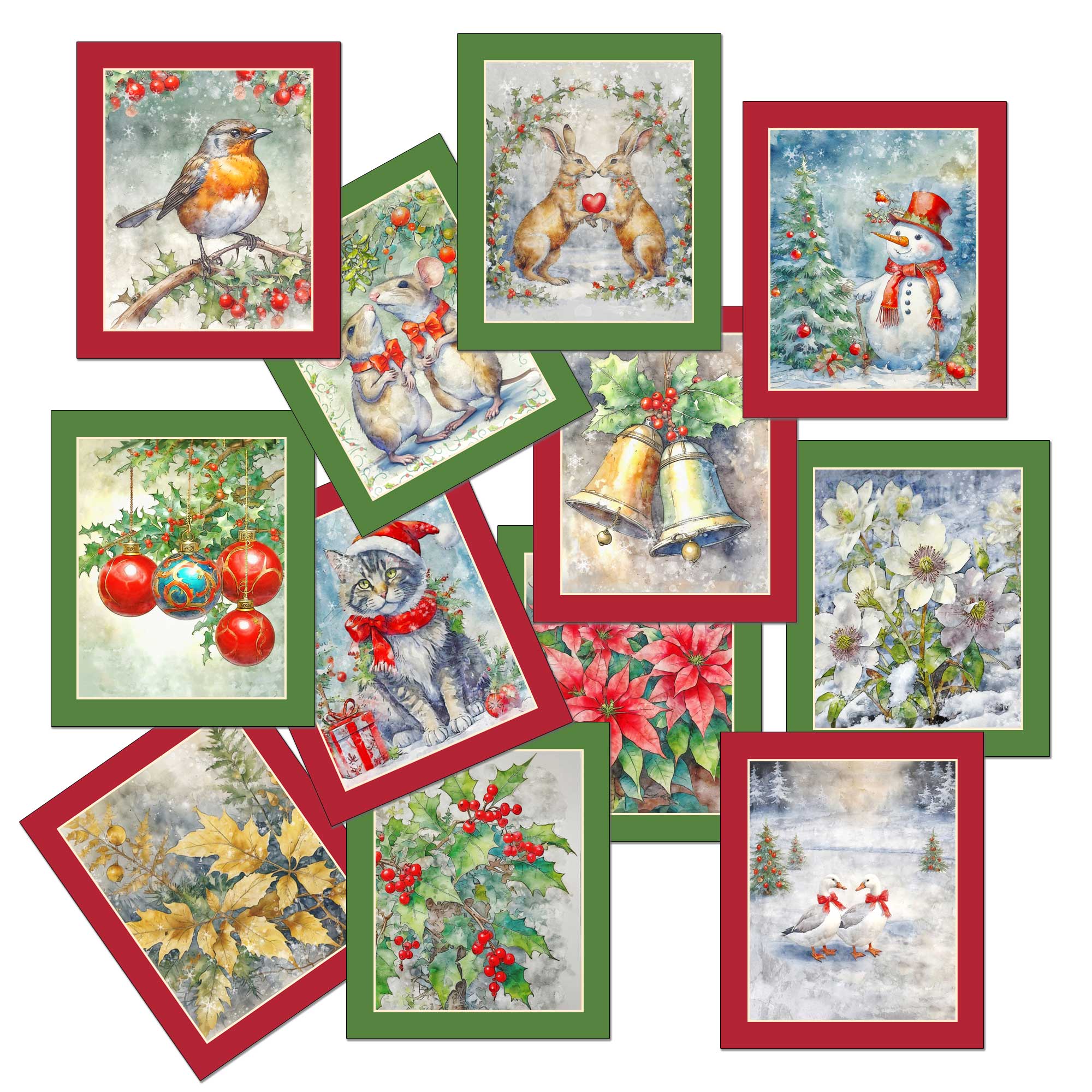 Christmas Fabric 12 Mini Prints Set : Traditional Festive Panel