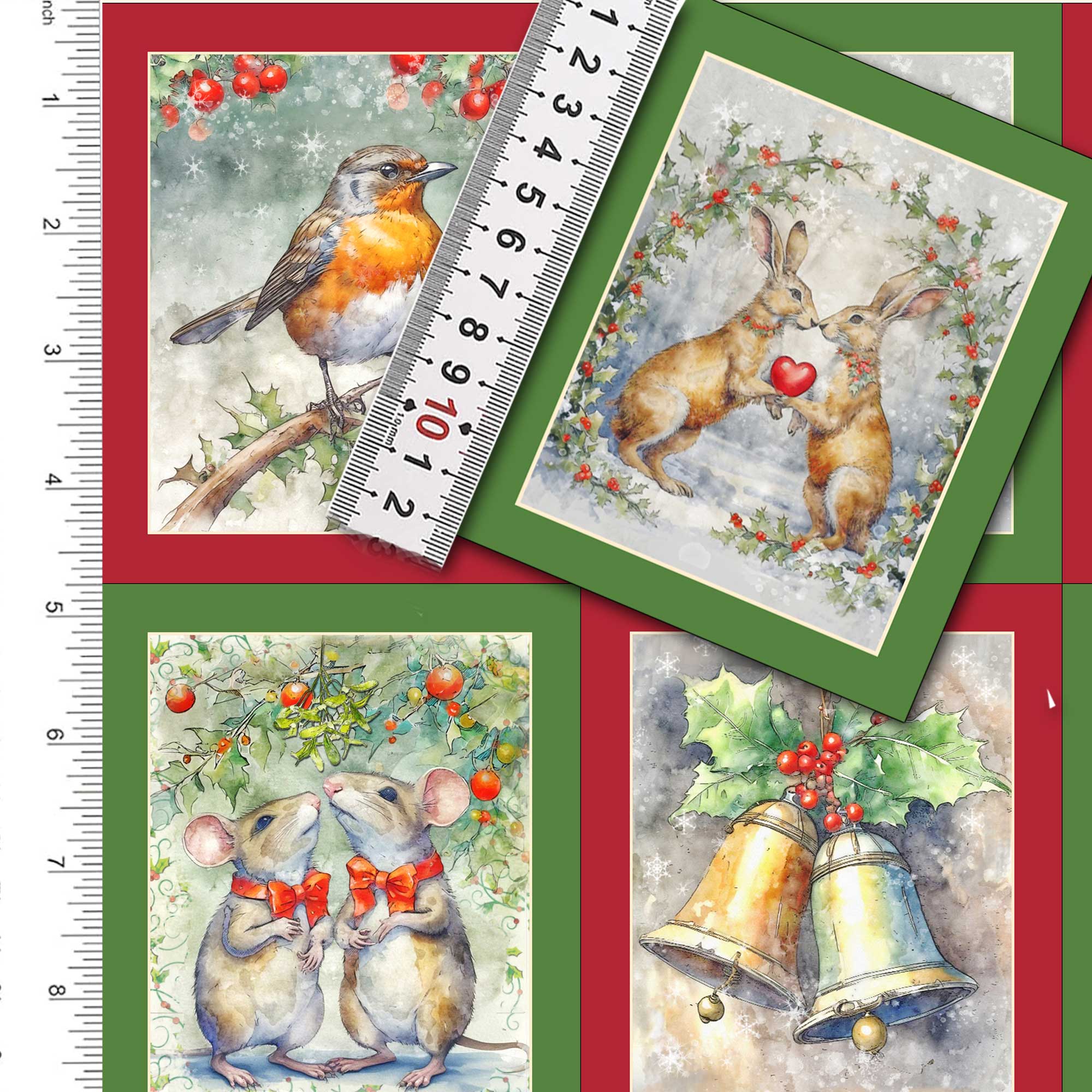 Christmas Fabric 12 Mini Prints Set : Traditional Festive Panel