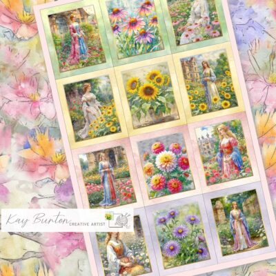 Historical Ladies in Gardens Fabric Panels Set of 12 Prints : Mini Art