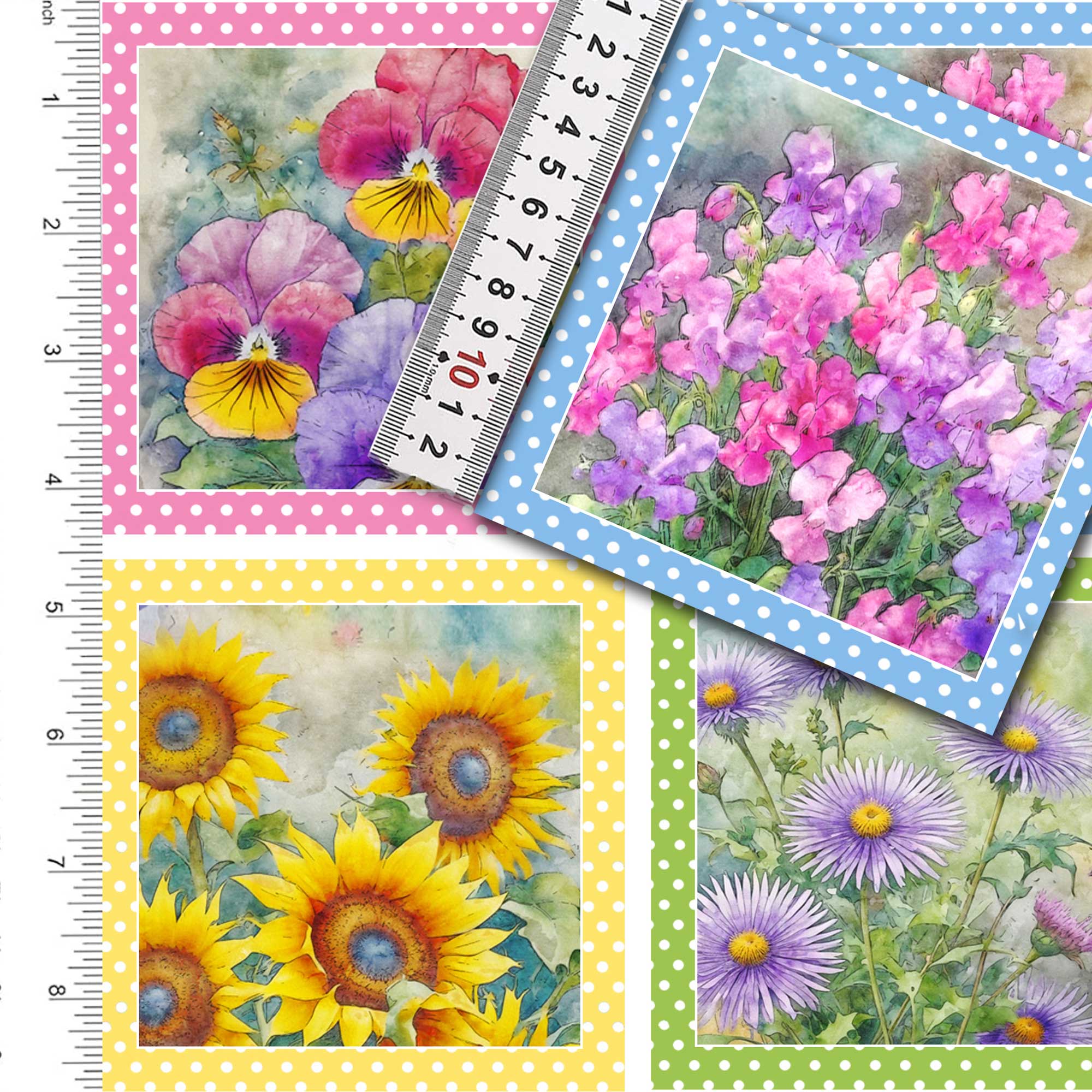 Flower Garden Fabric Panel Set of Four Prints : Set Two : Quilting Squares