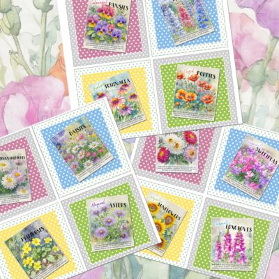 Three Panel Bundle Flower Seeds Fabric Panels : 3 x Set of Four Prints : Textile Crafting