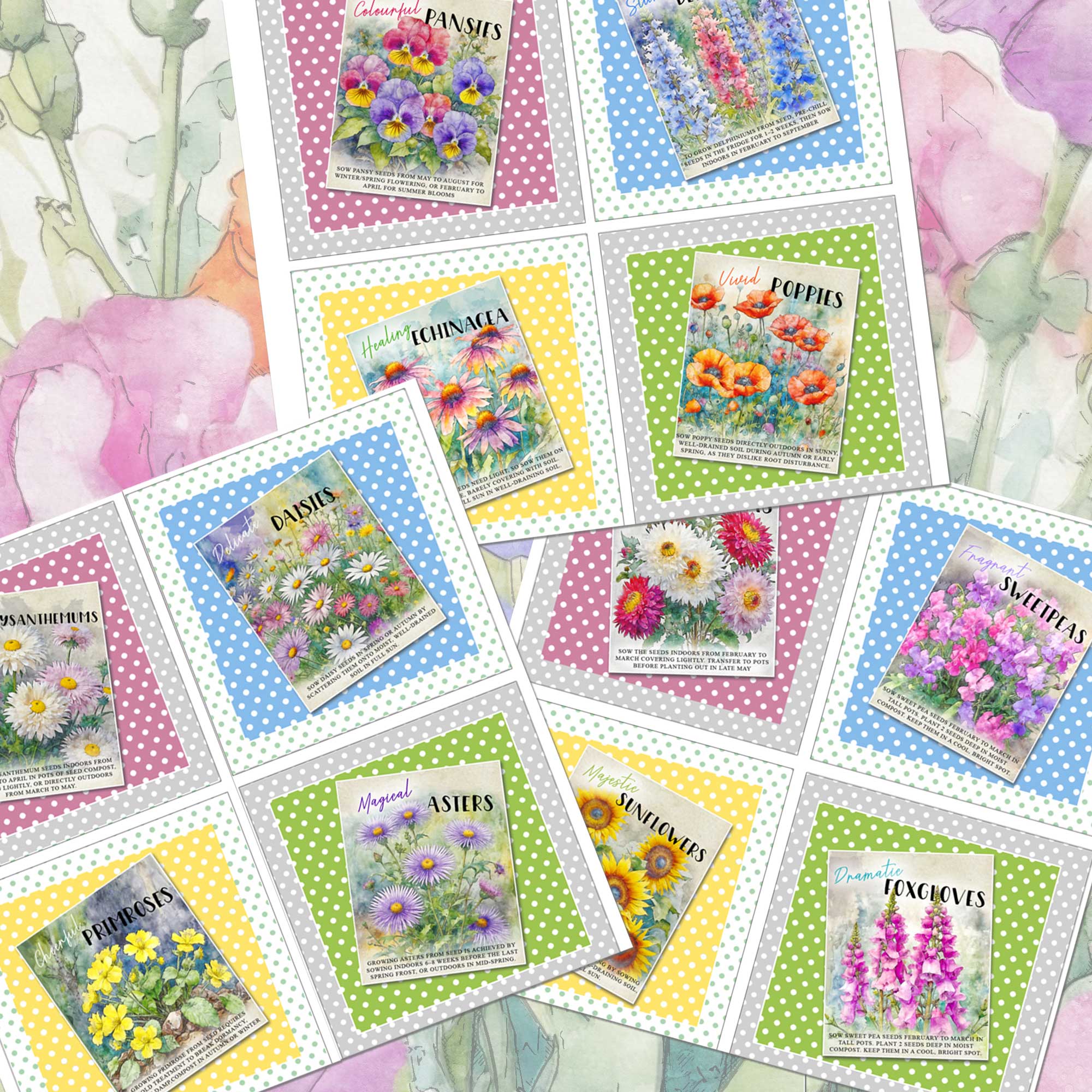 Three Panel Bundle Flower Seeds Fabric Panels : 3 x Set of Four Prints : Textile Crafting
