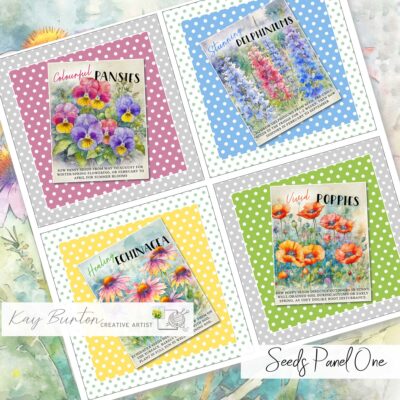 Flower Seeds Fabric Panel Set of Four Prints : Set One : Textile Crafting Set One Flowers includen Poppies, Echinacea, Delphinums and Pansies