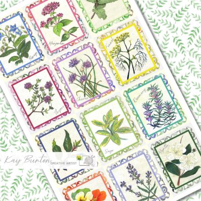 Garden Herbs Fabric Panel 12 Mini Prints Set : Cottage Garden Plants